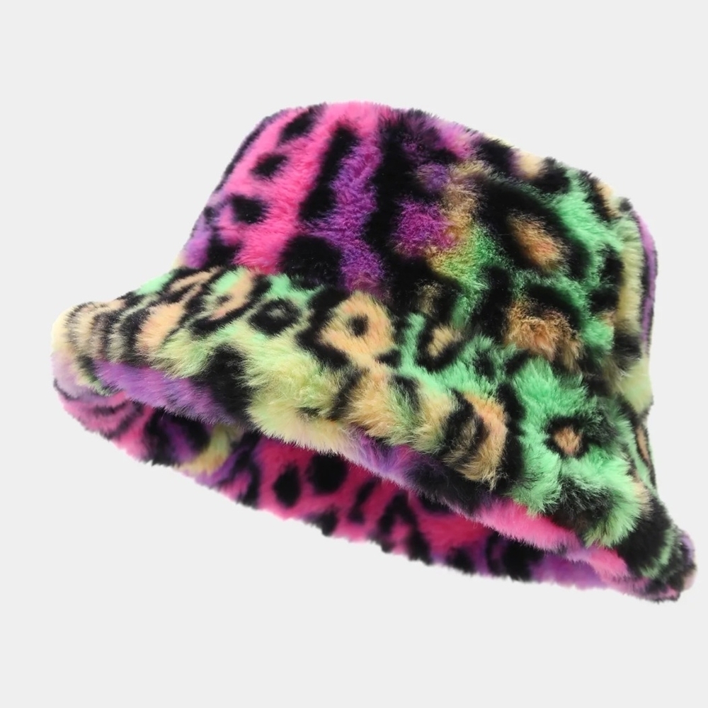 Faux Fur Bucket Hat Multicolor Leopard Print - Picture 6 of 16